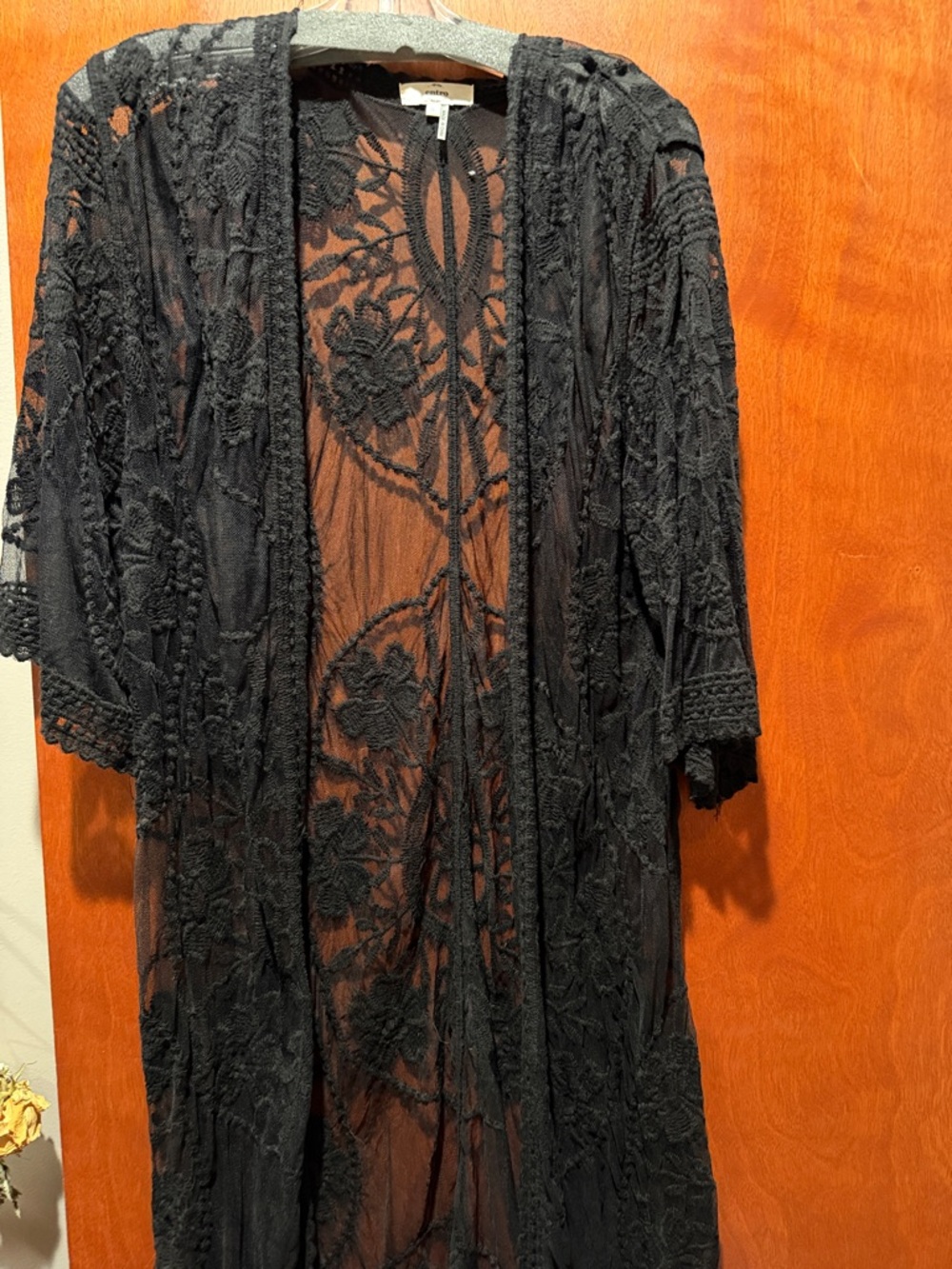 entro Black Sheer Lace Kimono Robe